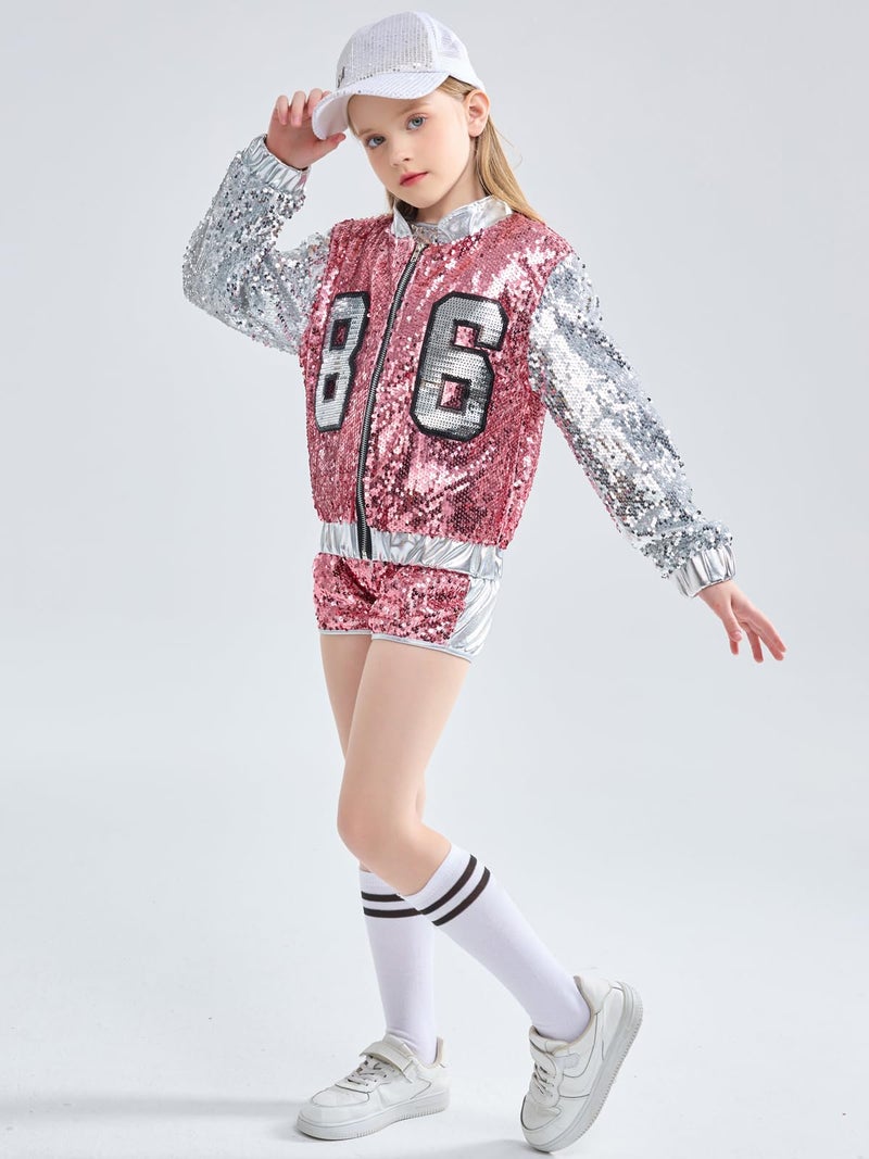 LOLANTA Girls Sequin Dance Costume 4 Piece Set Kids Hip Hop Jazz Modern Dancing Outfits (Pink, 8-10) - Image 4